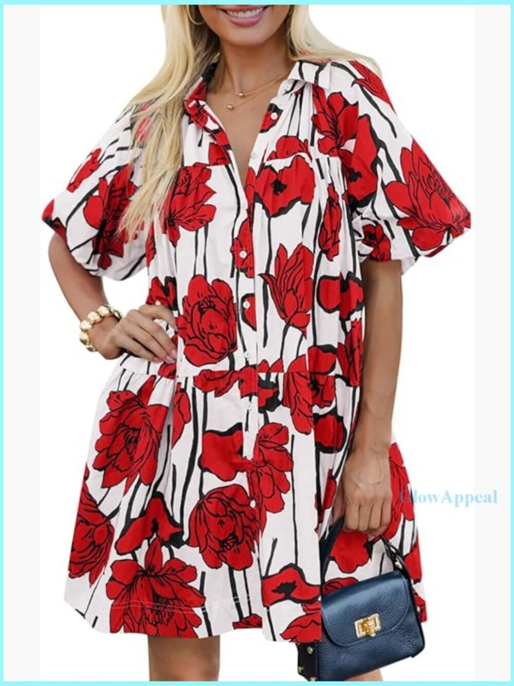 Summer Floral Puff Sleeve Button Down Casual Dress Loose Fit